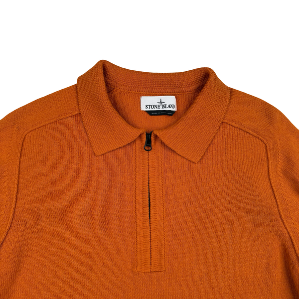 Stone Island 2023 Orange Cotton Knit Collared Quarter Zip Jumper - Large