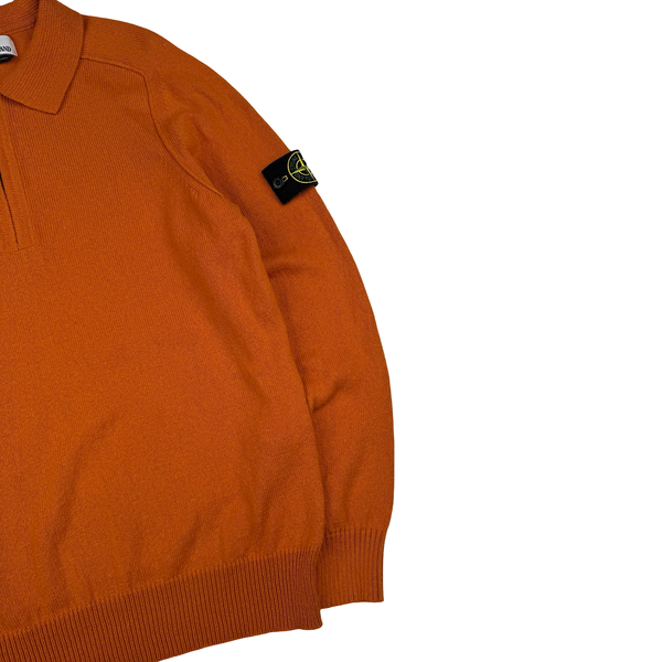 Stone Island 2023 Orange Cotton Knit Collared Quarter Zip Jumper - Large