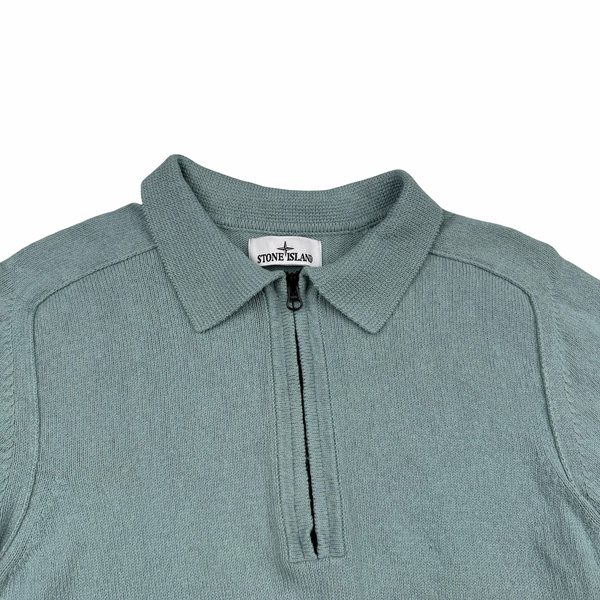 Stone Island 2023 Duck Egg Blue Cotton Knit Collared Quarter Zip Jumper - Large