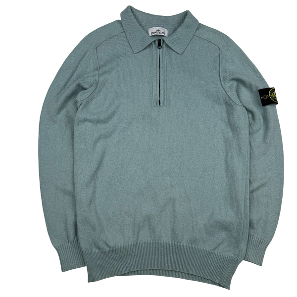 Stone Island 2023 Duck Egg Blue Cotton Knit Collared Quarter Zip Jumper - Large