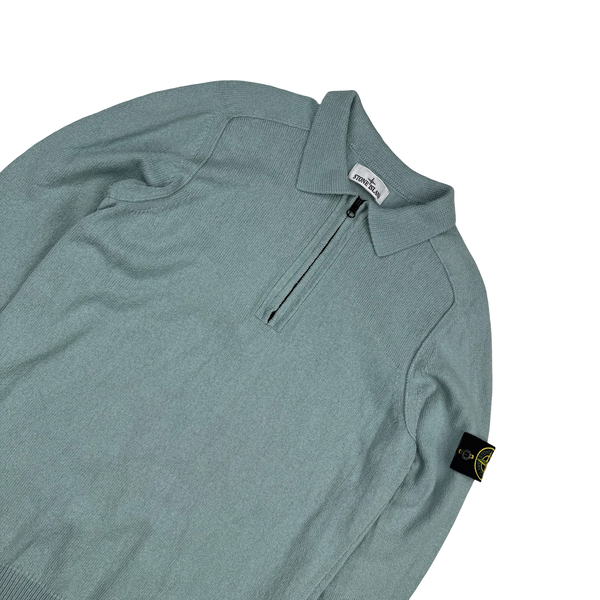 Stone Island 2023 Duck Egg Blue Cotton Knit Collared Quarter Zip Jumper - Large