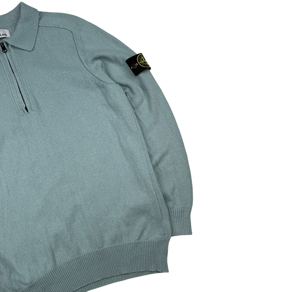 Stone Island 2023 Duck Egg Blue Cotton Knit Collared Quarter Zip Jumper - Large