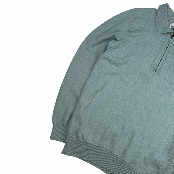 Stone Island 2023 Duck Egg Blue Cotton Knit Collared Quarter Zip Jumper - Large