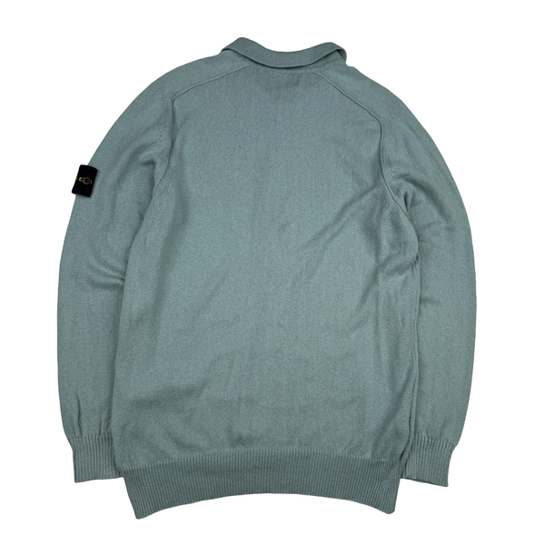 Stone Island 2023 Duck Egg Blue Cotton Knit Collared Quarter Zip Jumper - Large
