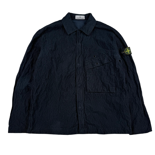Stone Island 2025 Navy Crinkled Corduroy Zip Up Overshirt - Large