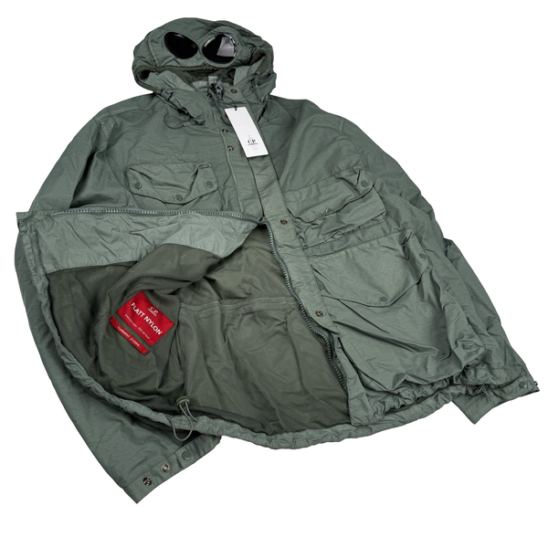 CP Company Sage Green Flatt Nylon Hooded Multi Pocket Goggle Jacket - Large