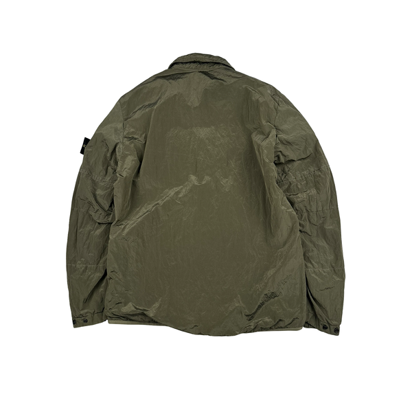 Stone Island Olive Green Shimmer Nylon Metal Cotton Lined Overshirt - Medium