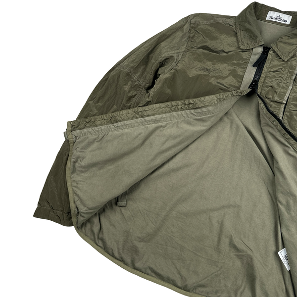 Stone Island Olive Green Shimmer Nylon Metal Cotton Lined Overshirt - Medium
