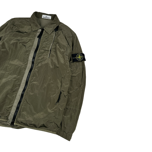 Stone Island Olive Green Shimmer Nylon Metal Cotton Lined Overshirt - Medium