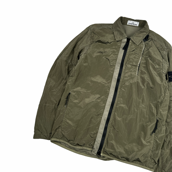 Stone Island Olive Green Shimmer Nylon Metal Cotton Lined Overshirt - Medium