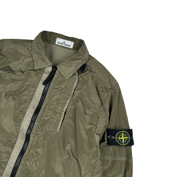 Stone Island Olive Green Shimmer Nylon Metal Cotton Lined Overshirt - Medium