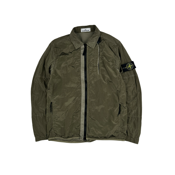 Stone Island Olive Green Shimmer Nylon Metal Cotton Lined Overshirt - Medium