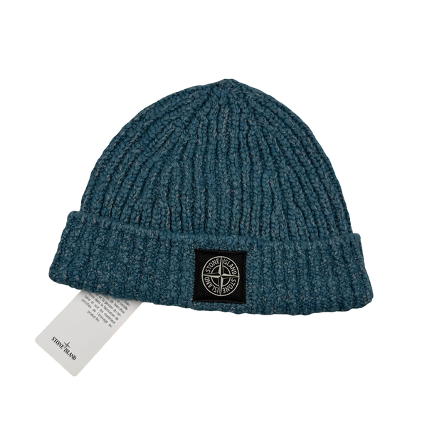 Stone Island 2025 Blue Marl Ribbed Chenille Logo Patch Beanie - One-Size