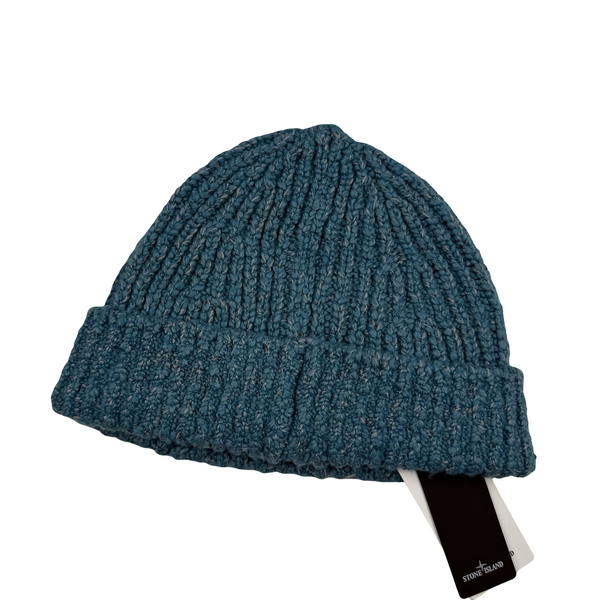 Stone Island 2025 Blue Marl Ribbed Chenille Logo Patch Beanie - One-Size