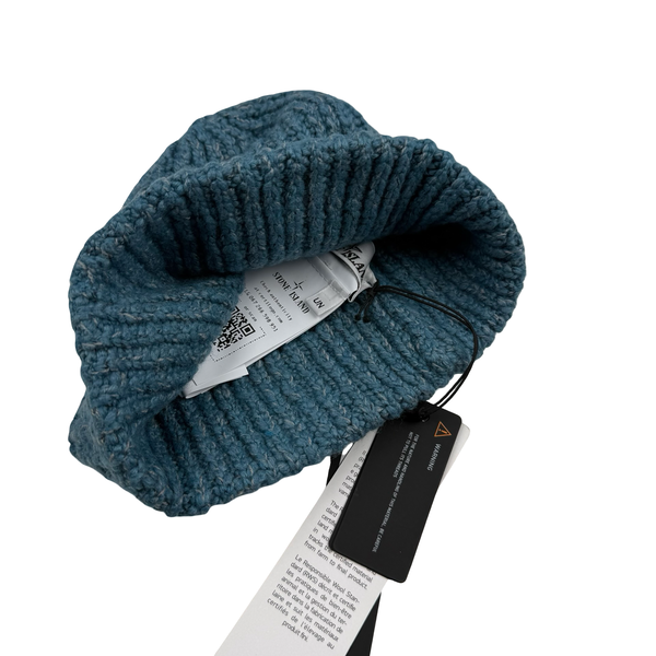 Stone Island 2025 Blue Marl Ribbed Chenille Logo Patch Beanie - One-Size