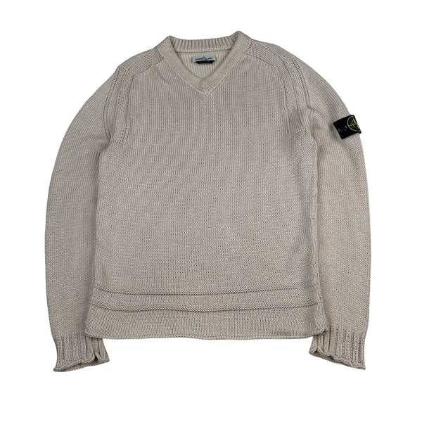 Stone Island 2019 Beige Thick Knit Cotton V Neck Jumper - Large