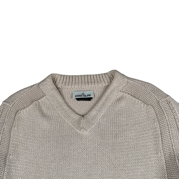 Stone Island 2019 Beige Thick Knit Cotton V Neck Jumper - Large