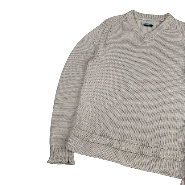 Stone Island 2019 Beige Thick Knit Cotton V Neck Jumper - Large