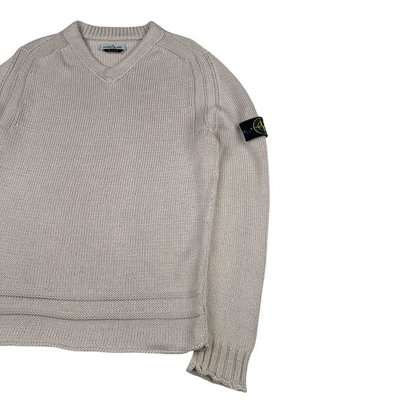 Stone Island 2019 Beige Thick Knit Cotton V Neck Jumper - Large