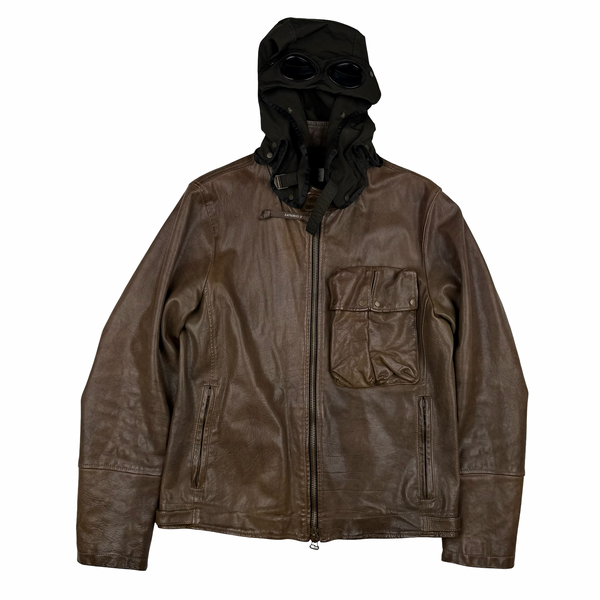 CP Company Brown Heavyweight Leather Goggle Biker Jacket - Large (50)