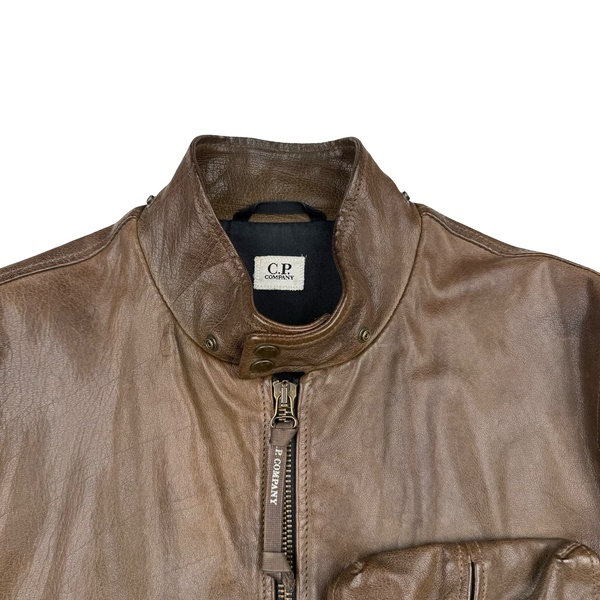 CP Company Brown Heavyweight Leather Goggle Biker Jacket - Large (50)
