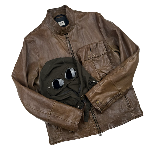 CP Company Brown Heavyweight Leather Goggle Biker Jacket - Large (50)