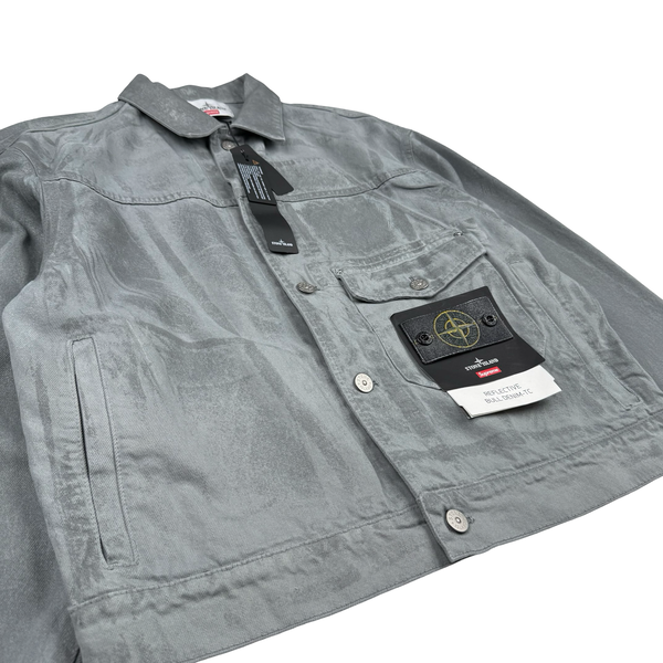 Stone Island x Supreme 2023 Reflective Silver Grey Bull Denim TC Jacket - Small
