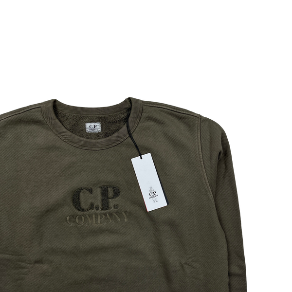 CP Company Khaki Raised Diagonal Fleece Spellout Sweatshirt - Large