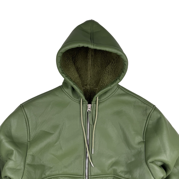 Stussy Leather Sherling Lined Green Work Jacket - Large