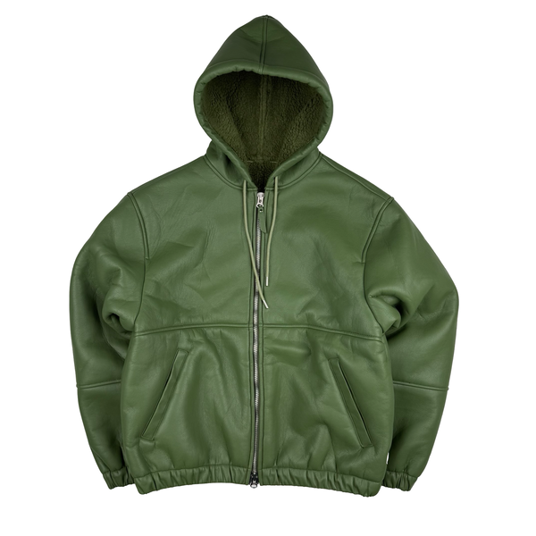 Stussy Leather Sherling Lined Green Work Jacket - Large