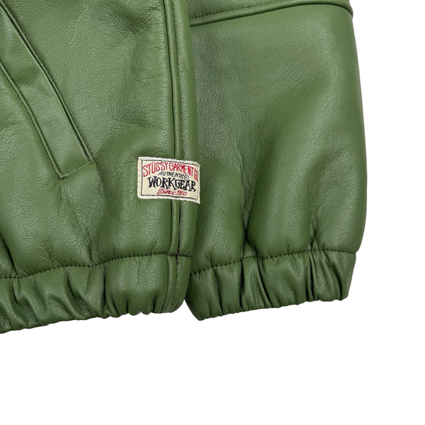 Stussy Leather Sherling Lined Green Work Jacket - Large