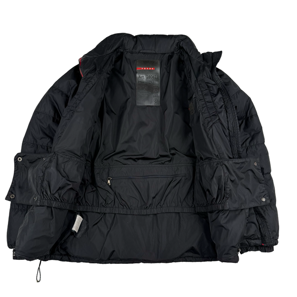 Prada Black Red Tab Logo Zipped Hooded Puffer Jacket - Womens Medium