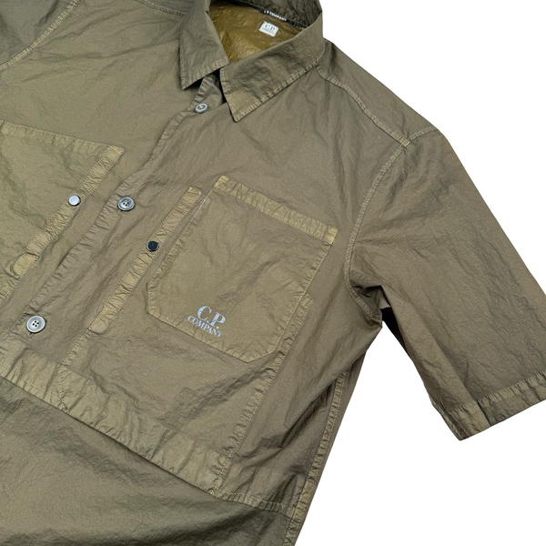 CP Company Khaki Brown Spellout Nylon Short Sleeve Button Shirt - Medium