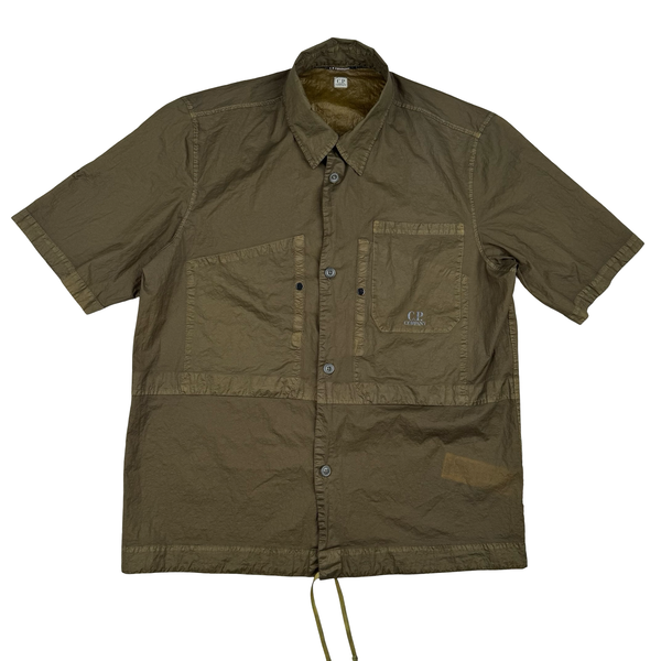 CP Company Khaki Brown Spellout Nylon Short Sleeve Button Shirt - Medium