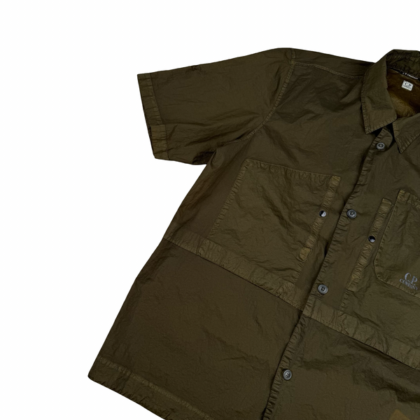 CP Company Khaki Brown Spellout Nylon Short Sleeve Button Shirt - Medium