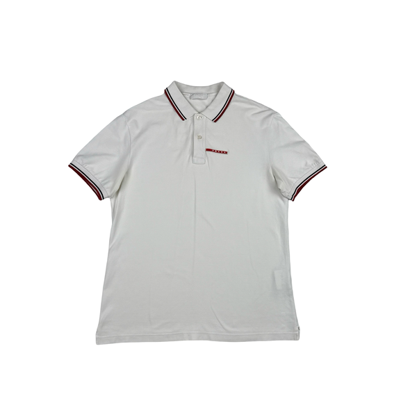 Prada White Red Tab Cotton Polo Shirt - Large