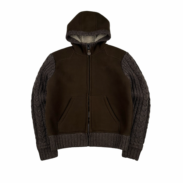 Schott Brown Fleece Lined Thick Spellout Knit Jacket - Medium