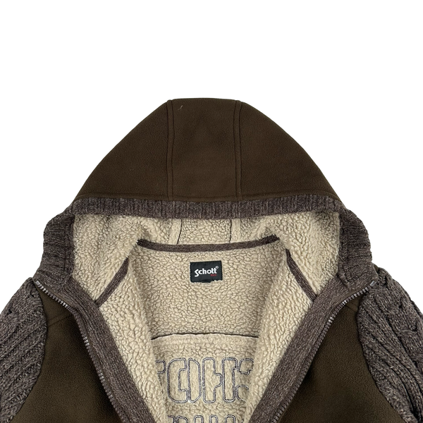 Schott Brown Fleece Lined Thick Spellout Knit Jacket - Medium