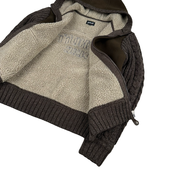 Schott Brown Fleece Lined Thick Spellout Knit Jacket - Medium