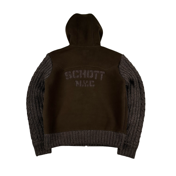 Schott Brown Fleece Lined Thick Spellout Knit Jacket - Medium