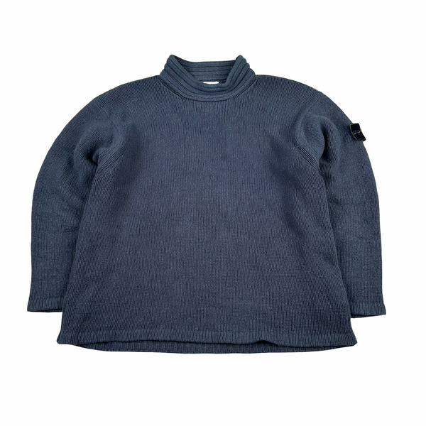 Stone Island 1998 Navy Vintage Wool Blend Knit Mock Neck Jumper - XL