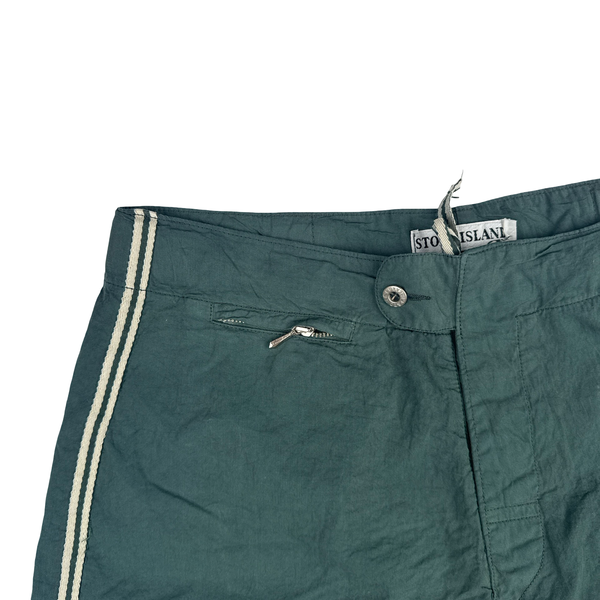 Stone Island Marina Vintage Spellout Mesh Lined Green Stripe Cotton Blend Swim Shorts