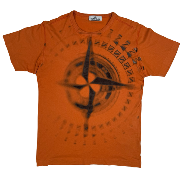 Stone Island 2019 Burnt Orange Garment Dyed Compass Print T Shirt - Medium