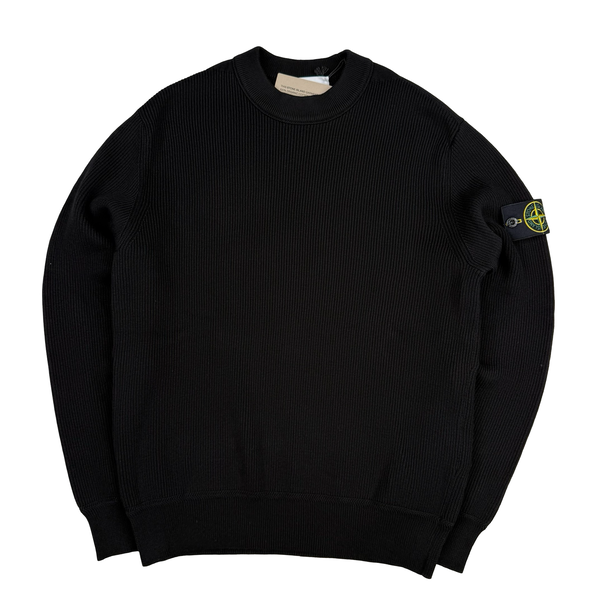 Stone Island 2026 Black Cotton Ribbed Knit Crewneck Jumper - Small