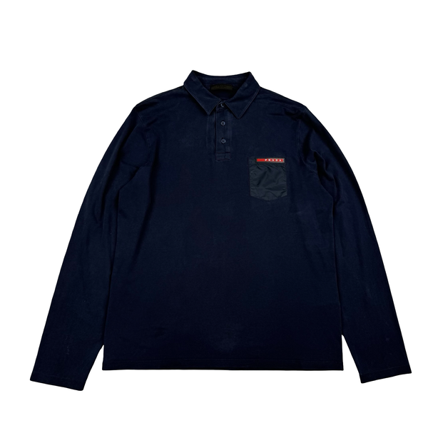 Prada Navy Cotton Long Sleeve Red Tab Polo - Large