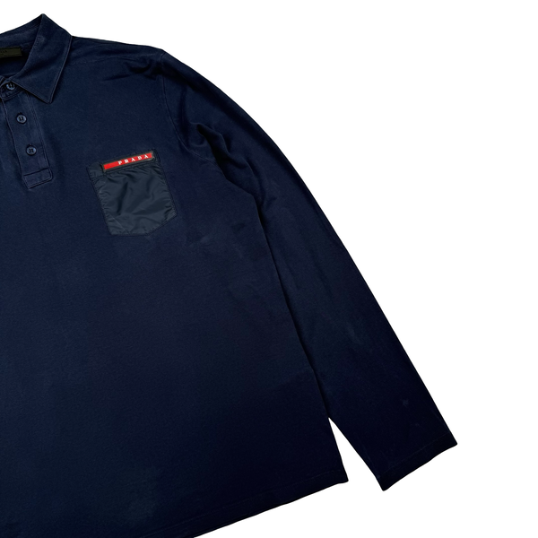 Prada Navy Cotton Long Sleeve Red Tab Polo - Large