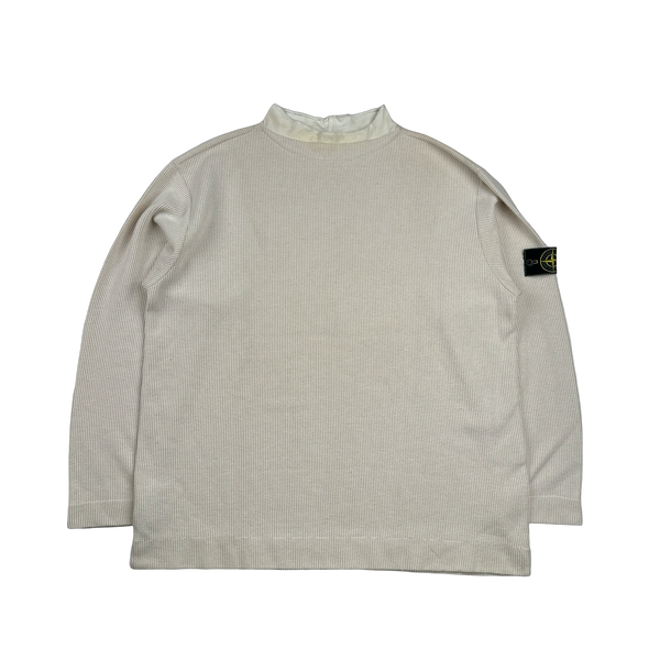Stone Island 1999 Vintage White Mock Neck Ribbed Cotton Pullover - XXL