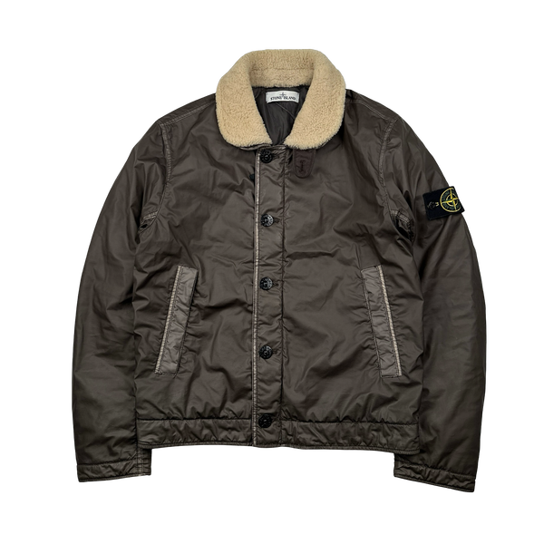 Stone Island 2015 Dark Green Mussola Gommata Sherling Flight Jacket - Medium