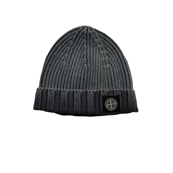 Stone Island 2017 Grey Frost Ribbed Wool Logo Beanie Hat