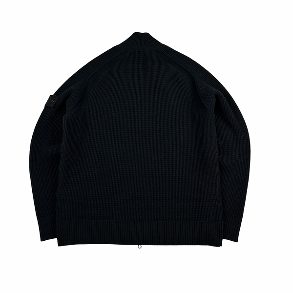 Stone Island 2025 Ghost Black Ribbed Wool Knitted Zipped Jumper - XL
